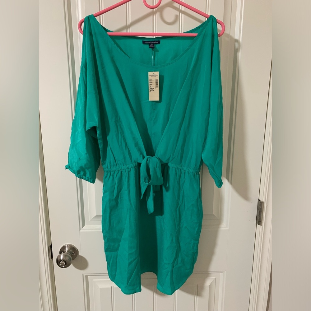 NWT! American Eagle Sea Foam Green/Teal Front Tie Open Button Sleeve Dress Sz. M